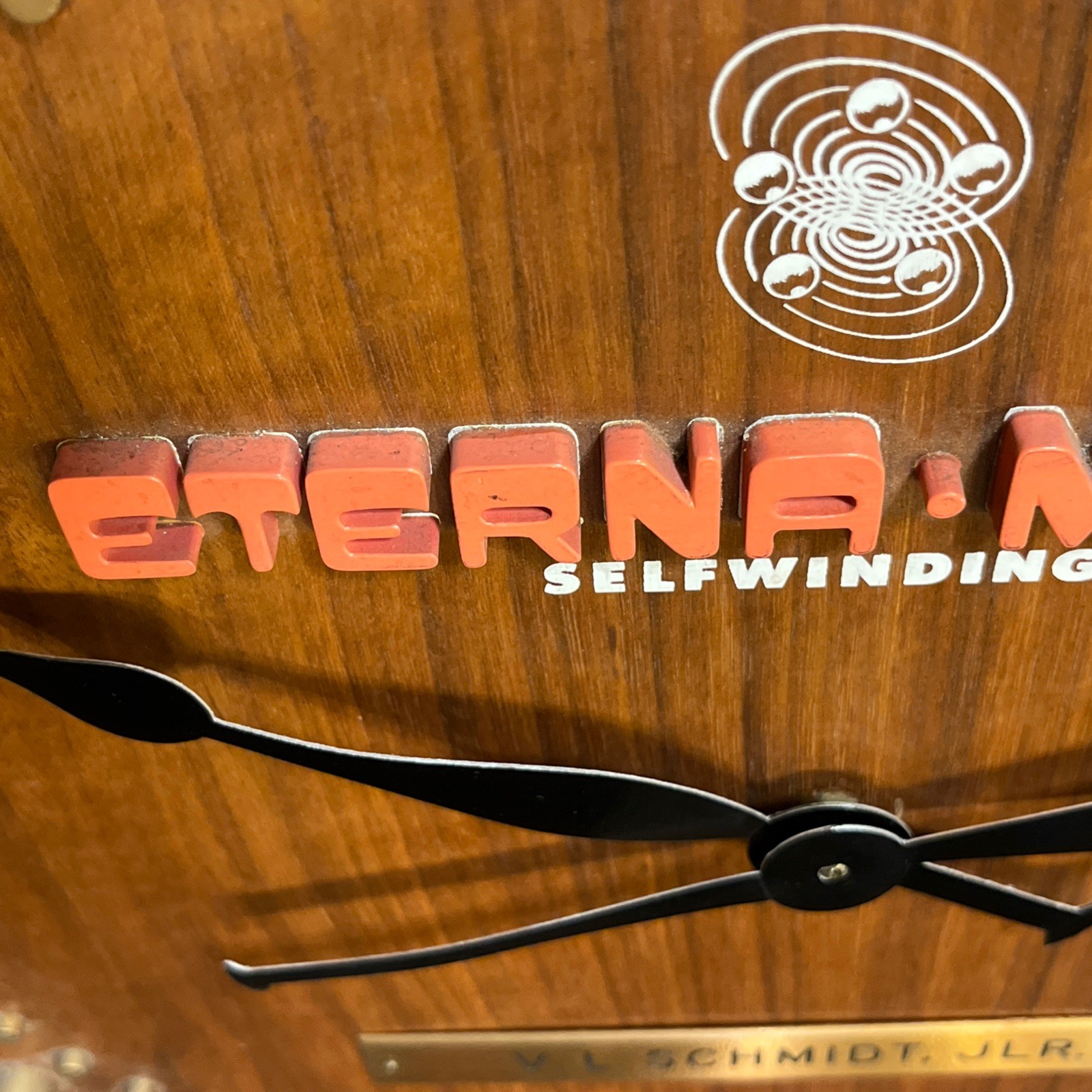 Rare Eterna Matic Mid century Wood/Brass Store Display Wall Clock