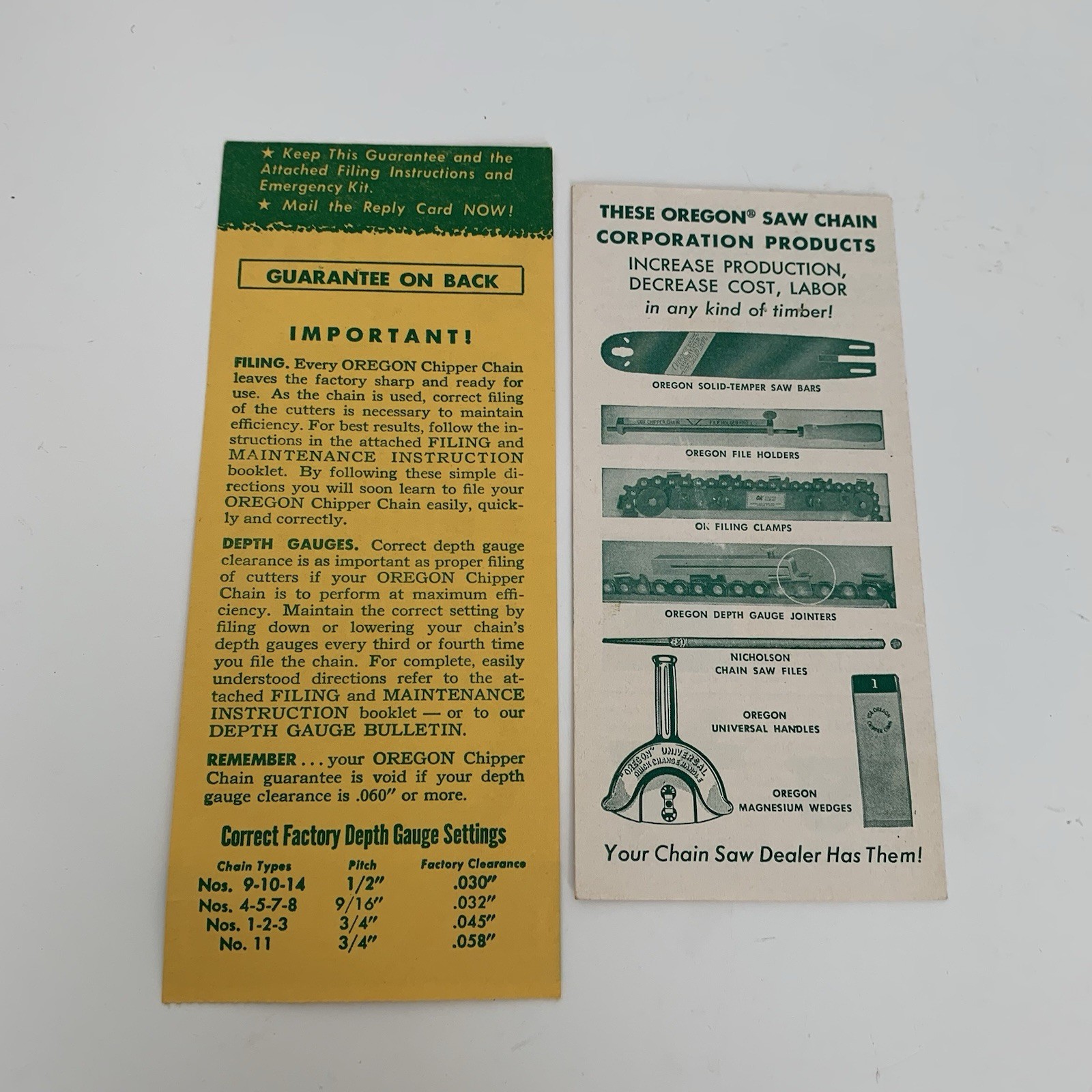 1952 Oregon Chipper Chain Filing Maintenance Leaflet & Guarantee, Advertising