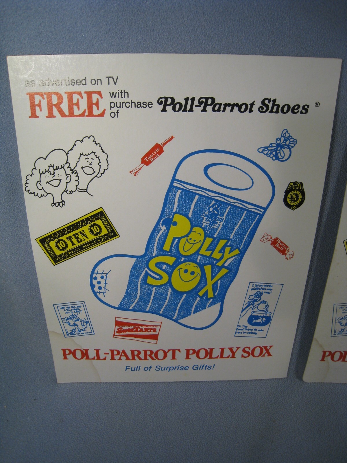 Lot of 2 Vintage Cardboard Poll-Parrot Polly Sox Sign’s 13 1/2″ Tall X 10 1/2″ W