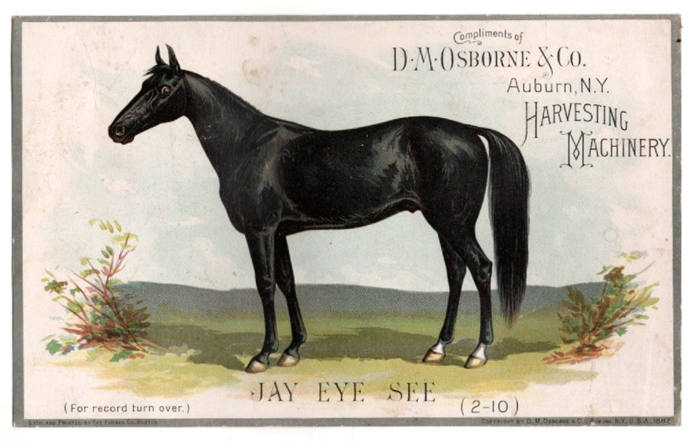 1887 Harness Racing Champion Horse Jay Eye See – D. M. Osborne Co. Trade Card