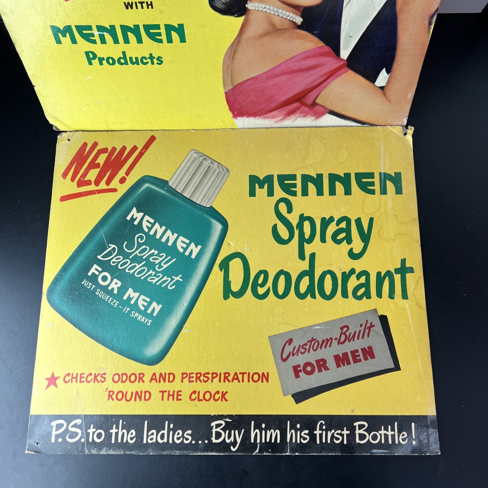 VTG Lot of 2 Mennen Cardboard Advertising Store Signs Deodorant