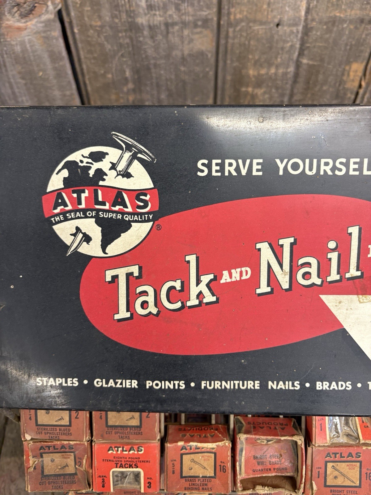 Vintage 60s Hardware Store Atlas Tack & Nail Rack Countertop Display With Boxes