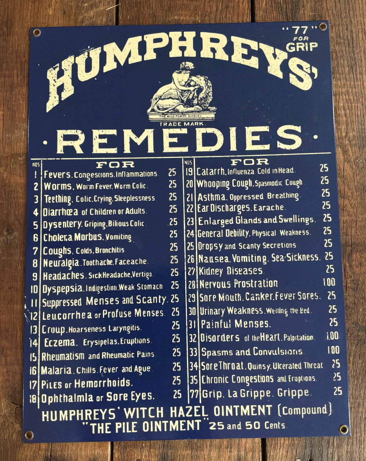 Vtg HUMPHREYS’ REMEDIES Witch Hazel DRUG STORE Enamel Coated Metal Sign 2.6 Lbs