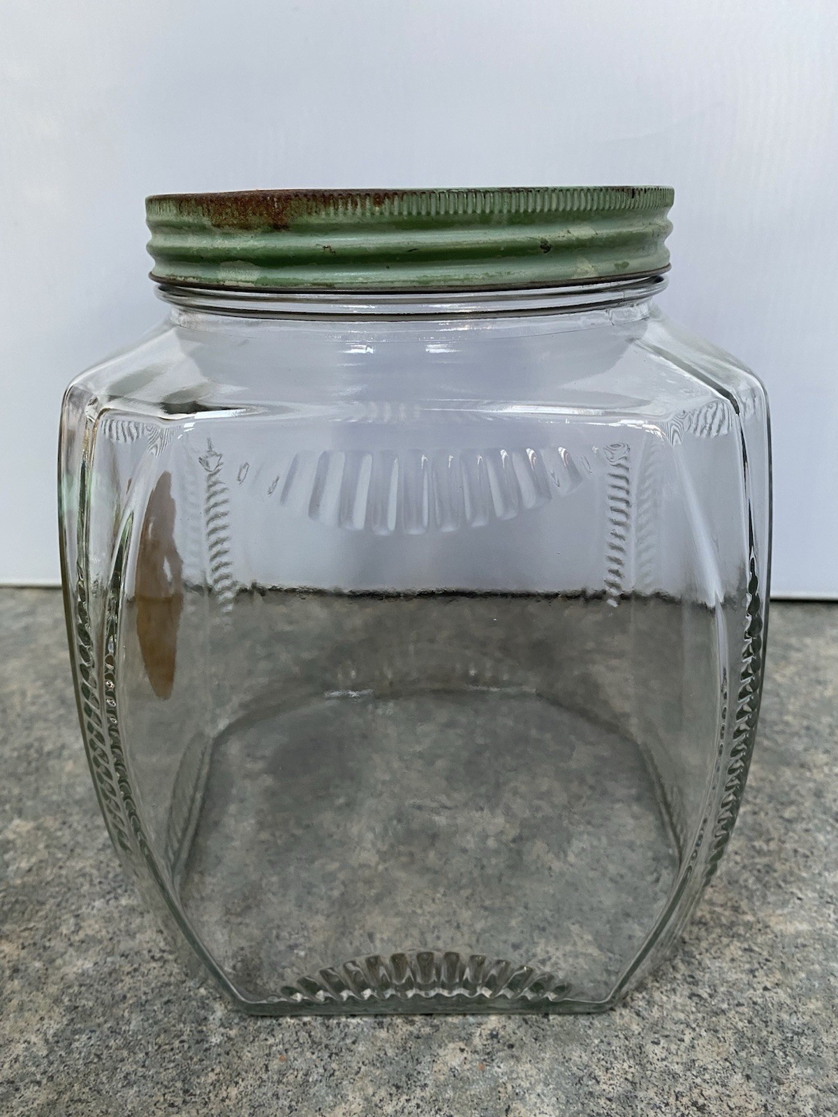 Vintage Square Clear Ribbed Clear Glass Jar w/ Metal Lid Meletios Rolled Herring