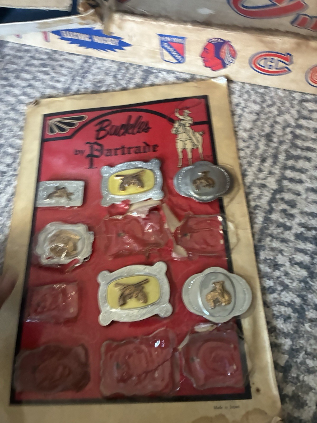 Vintage Partrade Belt Buckle Collection Store Display hanging 1970s Japan Cowboy