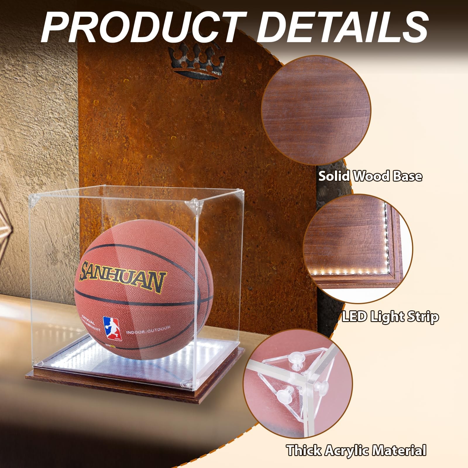 Acrylic Clear Basketball Display Case with LED Light,UV Protected Wood