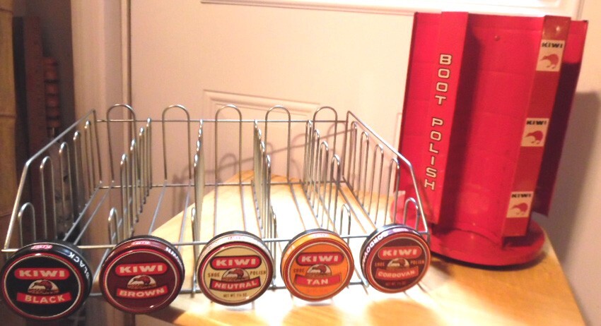 2 Vintage Store Display KIWI Shoe Polish Shoe Shine Metal Racks, red one rotates