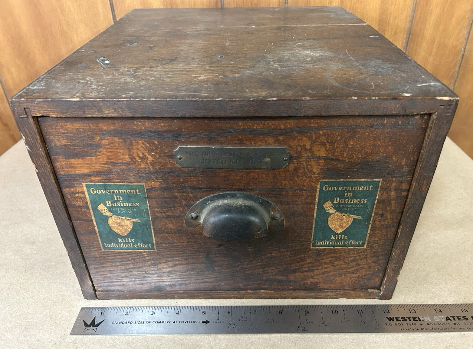 OBO Rare VTG John Leslie Paper Company Minneapolis MN Oak Wood Drawer