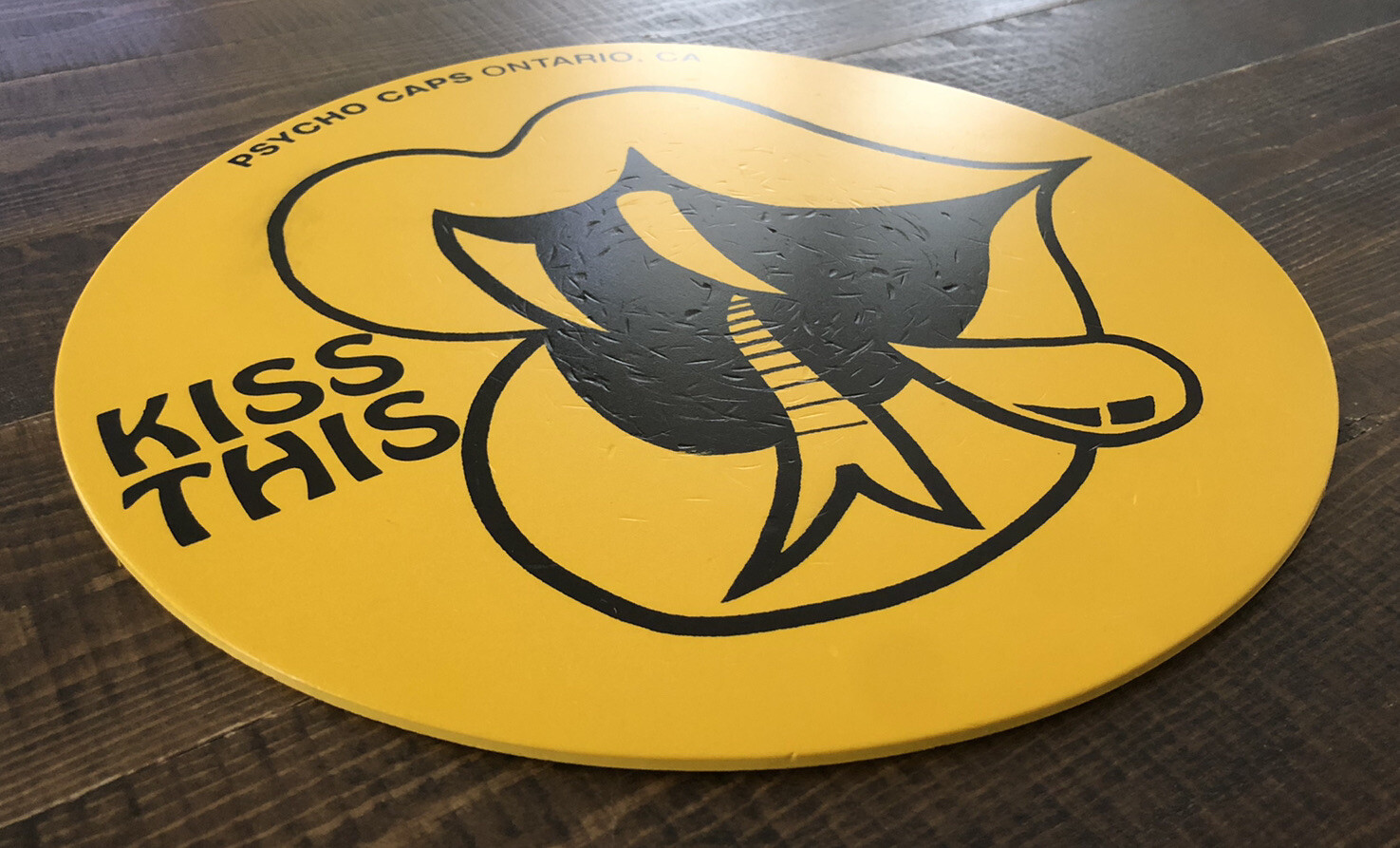 Yellow Psycho Caps Ontario, CA Wood Advertising Store Display – Kiss This