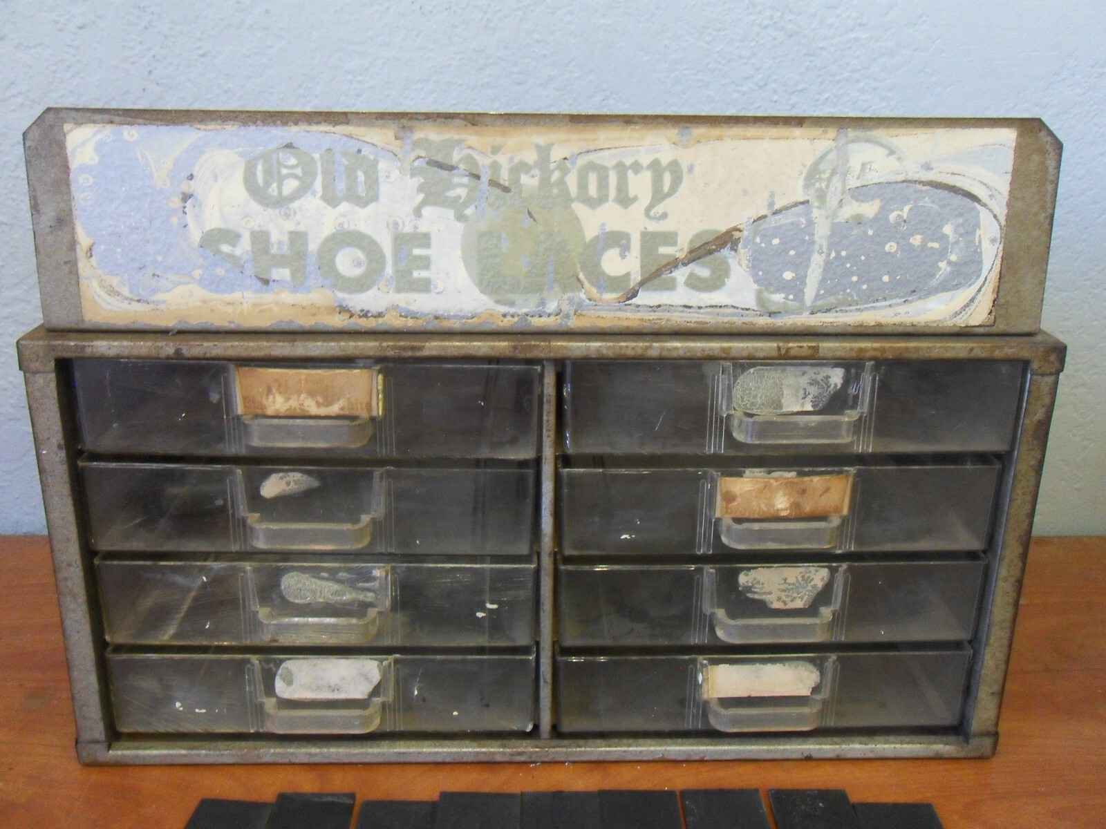 VTG Antique Old Hickory Shoe Laces Store Display Cabinet 14 LACES + 11 OTHER