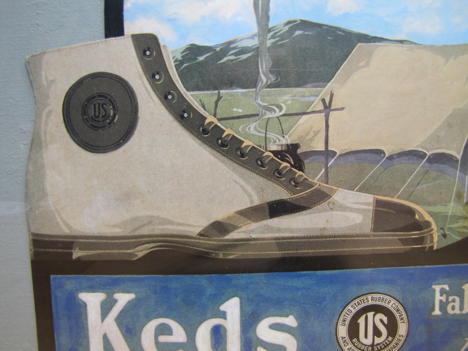 KEDS SNEAKERS FABRIC FOOTWEAR Old Store Display Ad Sign UNITED STATES RUBBER Co