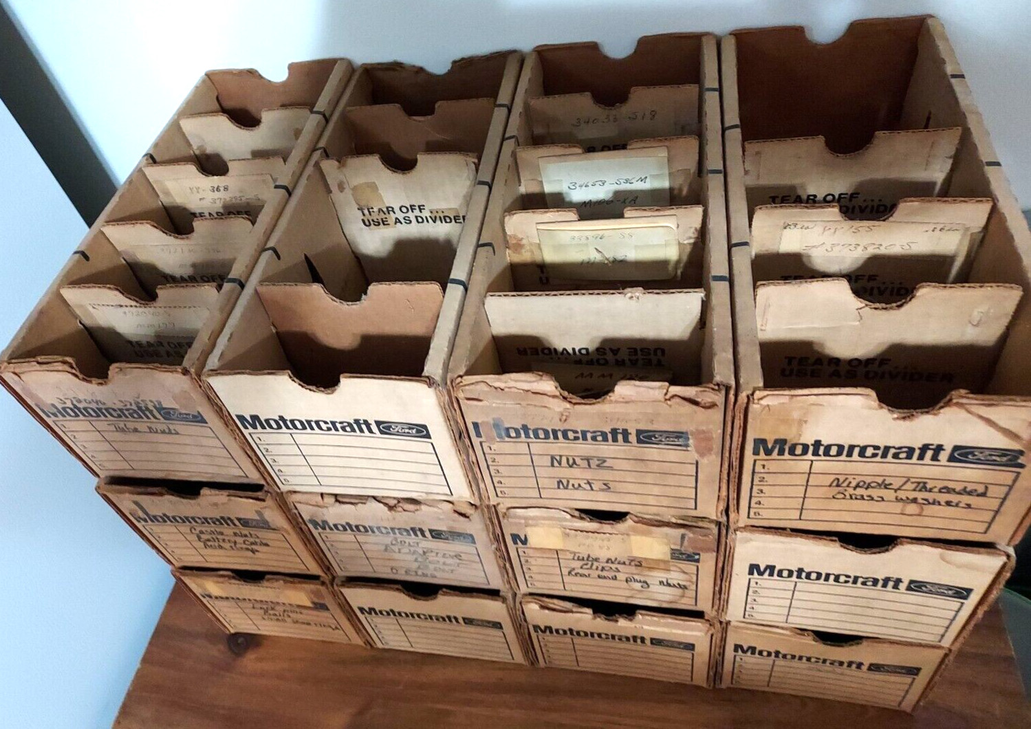 12 VINTAGE MOTORCRAFT AUTOMOTIVE PARTS CARDBOARD STORAGE DISPLAY BINS 11x5x4″