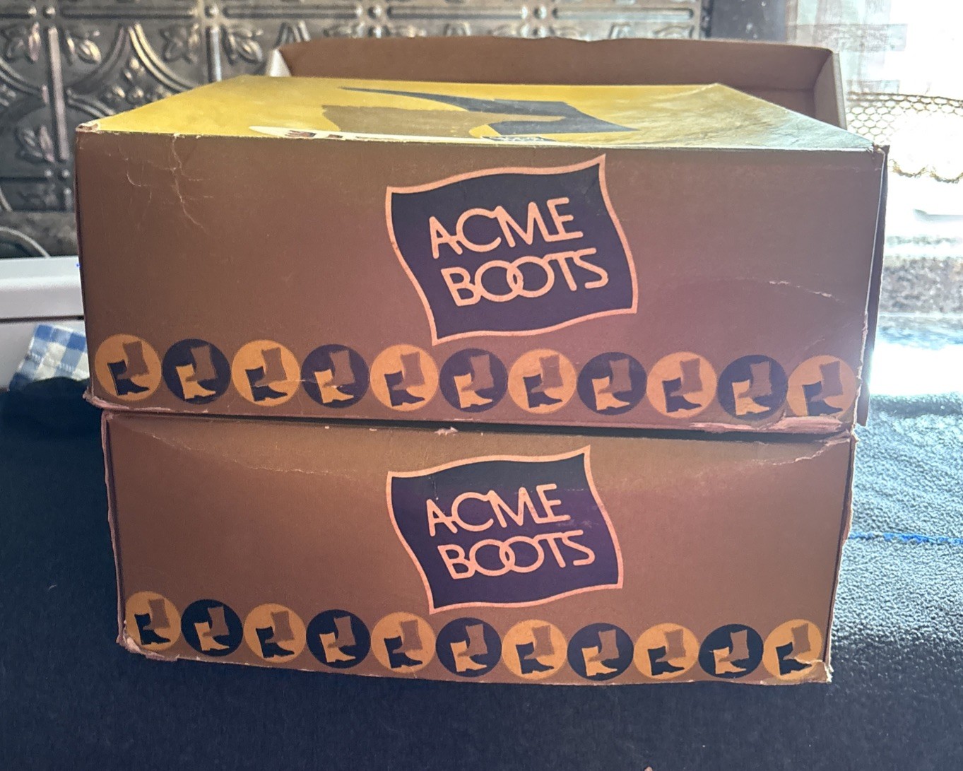2 Vtg Acme Boots Hawkeye Box Graphics Advertising 12×13 Empty Boxes. See Desc.