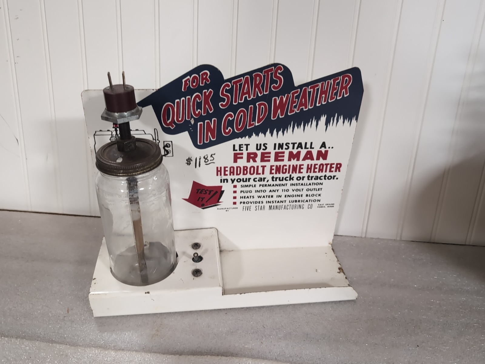 1930s OR 40s FREEMAN HEADBOLT ENGINE HEATER COUNTER TOP DISPLAY